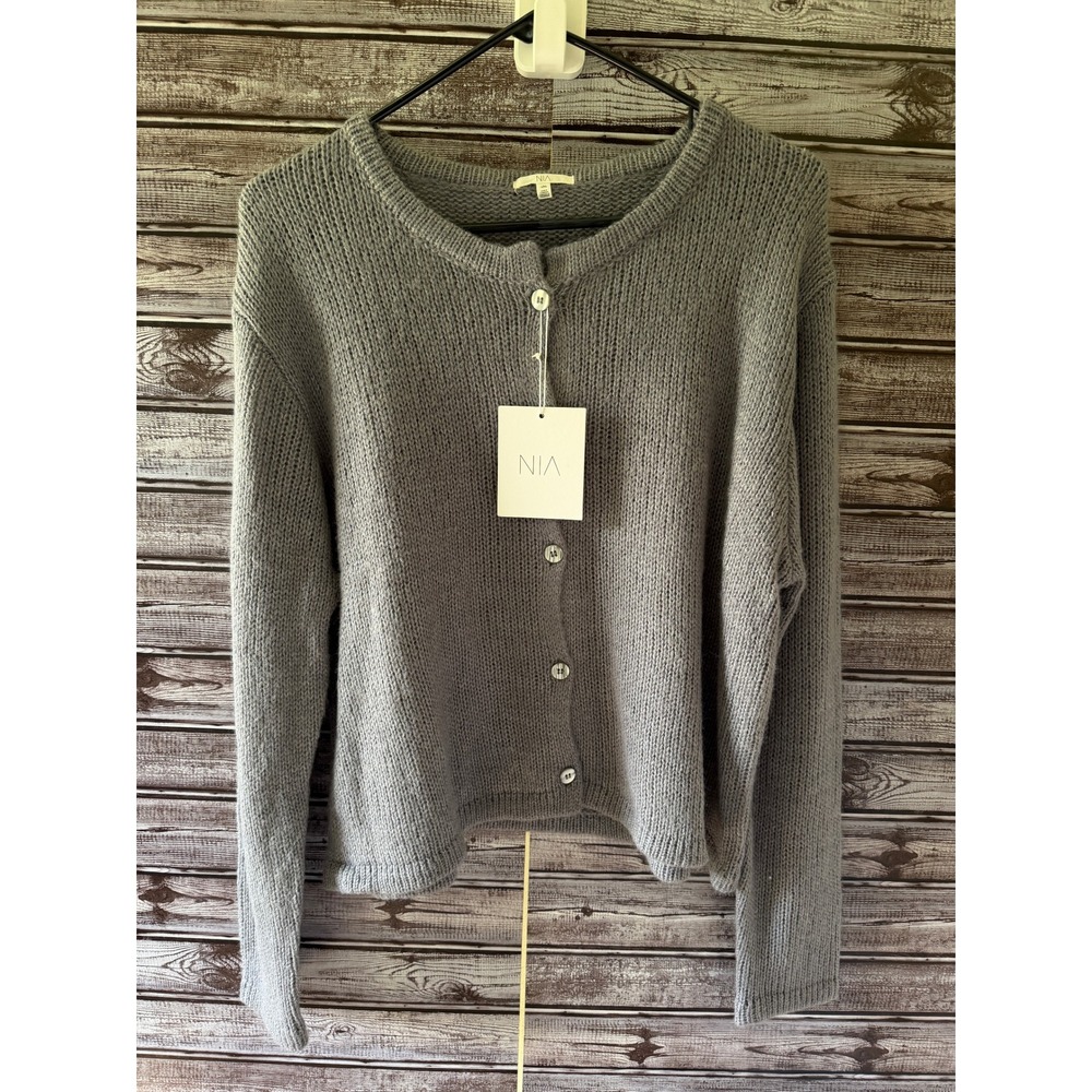 NIA Womens Gray Wool Blend Button Front Shaker Knit Cardigan Sweater L/XL NEW